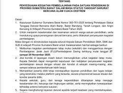 Pemprov Sumbar Terbitkan Surat Edaran, Aktivitas Pembelajaran Tatap Muka Diliburkan Mulai 27–29 November 2025
