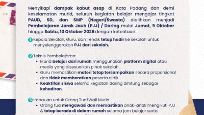 Melalui Surat Edaran, Yopi Krislova Berlakukan PJJ PAUD, SD, SMP se-Kota Padang Imbas Kabut Asap